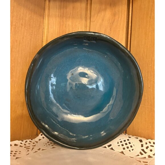 Handmade Teal Blue Studio Pottery Ceramic Bowl Floral Design Artist Signed TT - Picture 2 of 5